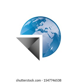 Simple blue earth and silver arrow icon in the modern style
