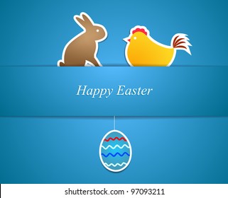 Simple blue easter card with egg, chicken and rabbit made from paper stripe-vector