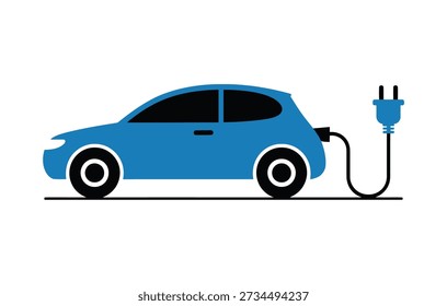 A simple blue electric car is plugged into a charging station with a blue plug and cord. The illustration is minimalist and clean, highlighting the concept of electric vehicle charging.