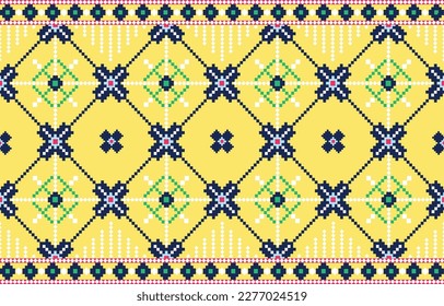 Simple Blue embroidery . geometric ethnic seamless pattern on yellow background native style abstract vector illustation.Design for clothing,carpet,fabric,tile.