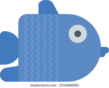 Simple blue fish illustration with wavy texture lines, small fins, large tail fin, circular eye, black pupil, and small mouth.