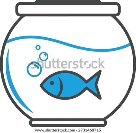 Simple blue fish swims inside a clear glass fishbowl containing water and rising air bubbles against a white background.
