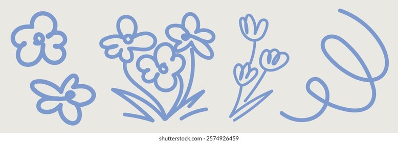 Simple blue floral doodles on a light background. Flowers, doodles, and floral designs create a whimsical, artistic pattern. Blue flowers, blue doodles, blue floral art. Doodle vector set.