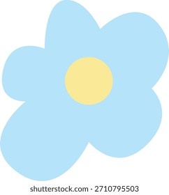 Ilustración de flores azules simples con pétalos redondeados suaves y un centro amarillo, perfecto para gráficos lindos, decoración, temas para niños, pegatinas, manualidades y diseños digitales.