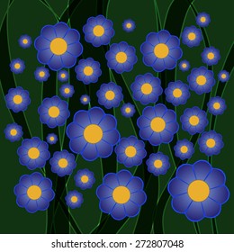 simple blue flowers on a dark green background