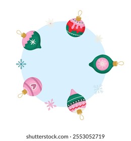 Simple blue frame with Christmas toys and snowflakes, cartoon illustration