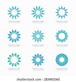 Simple blue geometric abstract symmetric shapes set. Modern business icon collection. Logo template. Hexagon round ornament. Trendy vector symbols, emblems, element and logotypes.