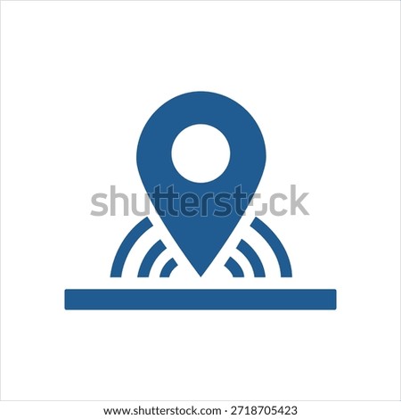 A simple blue graphic icon representing a location pin marker emitting wireless signal waves above a horizontal line, set against a pure white background. Ideal for mapping, navigation, and connectivi