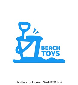 Simple blue graphic of a sand pail and shovel on sand