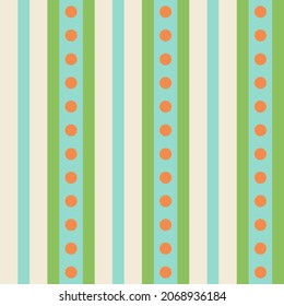 Simple Blue and Green Vertical Stripes with Orange Circles on Yellow Background Surface Design Textiles for Fashion Seamless Repeat Pattern Design