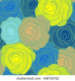 Simple blue, green and yellow vector roses seamless pattern.