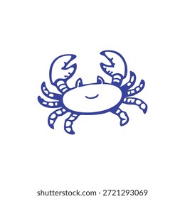 Un simple cangrejo de dibujos animados de estilo azul dibujado a mano con una cara sonriente está aislado en un fondo blanco limpio.