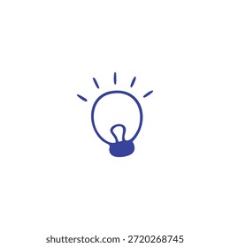 Un simple icono de estilo dibujado a mano azul de una bombilla brillante sobre un fondo blanco, que simboliza una idea.