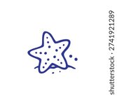 A simple blue hand-drawn style illustration of a starfish with small dots, resting on a wavy line, isolated on a white background.