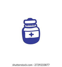 Una simple ilustración de estilo azul dibujado a mano de una botella de medicina con una etiqueta blanca y un signo de más sobre un fondo blanco.