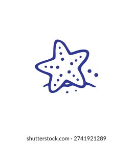 A simple blue hand-drawn style illustration of a starfish with small dots, resting on a wavy line, isolated on a white background.
