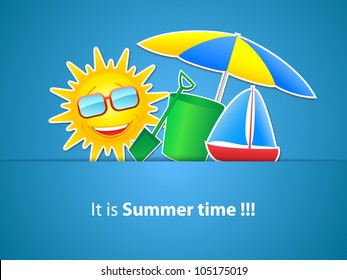 Simple blue Holiday Card with sun, umbrella, buck with shovel and beach ball made from paper-vector