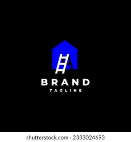 Simple Blue House Icon With Ladder Logo Design. Simple Blue House And Ladder Icon Logo Design.
