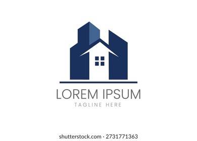 Logotipo simple de la casa azul con la ventana para la administración de la propiedad