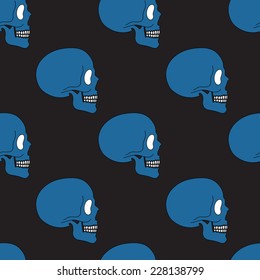 Simple blue human skull seamless pattern, vector background