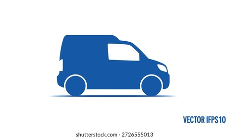 Simple blue icon of a delivery van or cargo van, isolated on a clean white background.