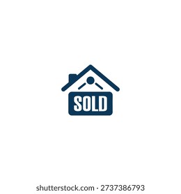 Simple blue icon depicting a house with a sold sign