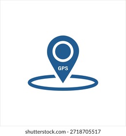 Un simple icono azul que representa un marcador de pin de ubicación GPS colocado sobre un área circular, que simboliza un punto en un mapa o un destino. Aislado sobre un fondo blanco puro para una fácil integración en Digi