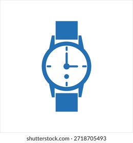 Icono azul simple que representa un reloj de pulsera con una esfera analógica y correa, perfectamente aislado en un fondo blanco puro. Ideal para la gestión del tiempo, la moda o los conceptos de programación.