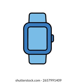 Ein einfaches blaues Symbol einer Smartwatch mit abgerundetem Bildschirm und Armband, das moderne Technologie darstellt.