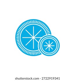 Simple blue icons depicting two circles with radiating lines, a larger and smaller size.