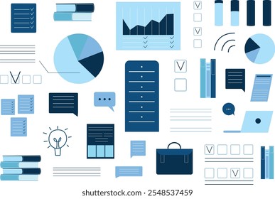 Einfache blaue, blaue Symbole, die Marketingtechnologien, digitale und soziale Werbetaktiken in allen Phasen des Marketing-Trichter für Verbraucher, Bürobedarf, Papiere, gesprochene Sprache, Bücher