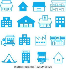 Simple blue illustration of architecture and shops