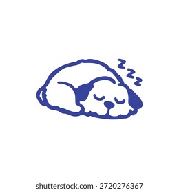 Una simple ilustración azul de un perro durmiendo con un perro flotando sobre su cabeza.