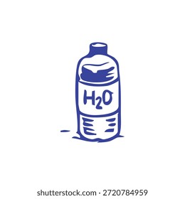 Una simple ilustración azul de una botella de plástico etiquetada H2O.