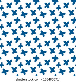 La tinta azul simple cruza aislada en el fondo blanco. Patrón monocromo geométrico y sin fisuras. Ilustración gráfica plana vectorial a mano. Textura.