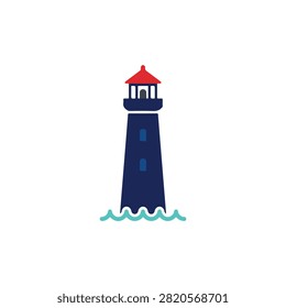 Simple blue lighthouse icon with red roof on waves. Minimalist graphic of a navy blue lighthouse tower with a red top standing on light blue ocean waves. Perfect for travel brochures and coastal safety branding.