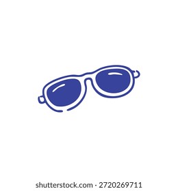 Um desenho de arte de linha azul simples de um par de óculos escuros com lentes escuras em um fundo branco limpo.