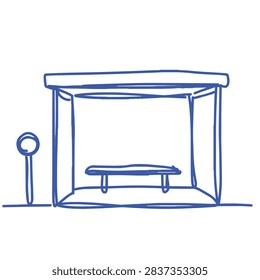 A simple blue line art drawing of a public bus stop shelter featuring a bench and a standing sign post on a white background