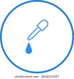 Simple blue line art of a dropper with a liquid drop on a white background
