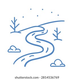 A simple blue line art icon showing a curvy road through a snowy landscape with bare trees and snowflakes