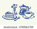 Simple blue line art illustration of a dessert setting, cake slice, coffee pot, cup, flowers, fork, minimalist.