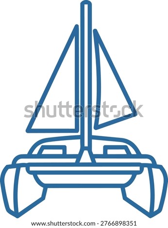 A simple blue line art illustration of a catamaran sailing boat with two sails and a mast.