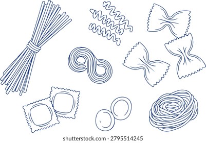 Simple blue line art illustrations featuring different classic Italian pasta shapes, ideal for culinary themes, recipes, and restaurant menus.