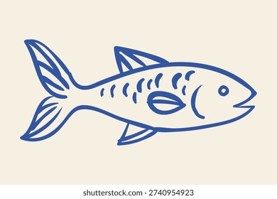 A simple blue line art sketch of a swimming fish featuring detailed fins and scales, ideal for marine themes, seafood menus, and educational projects.
