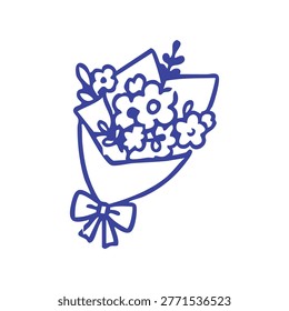 A simple blue line art sketch of a bouquet of flowers wrapped in paper with a decorative bow