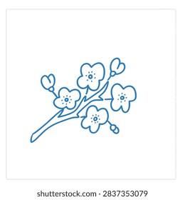 A simple blue line art sketch of a flowering branch with blossoms and buds isolated on a white background