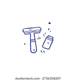 A simple blue line doodle shows a shaving razor and a small bottle, possibly for aftershave or cream, on a white background.
