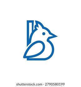 Simple blue line drawing of a bird sitting on a stylized branch with a square