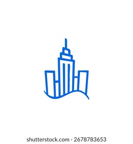 Simple blue line drawing of a city skyline with a tall building