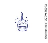 A simple blue line drawing of a cupcake with a lit candle and confetti.